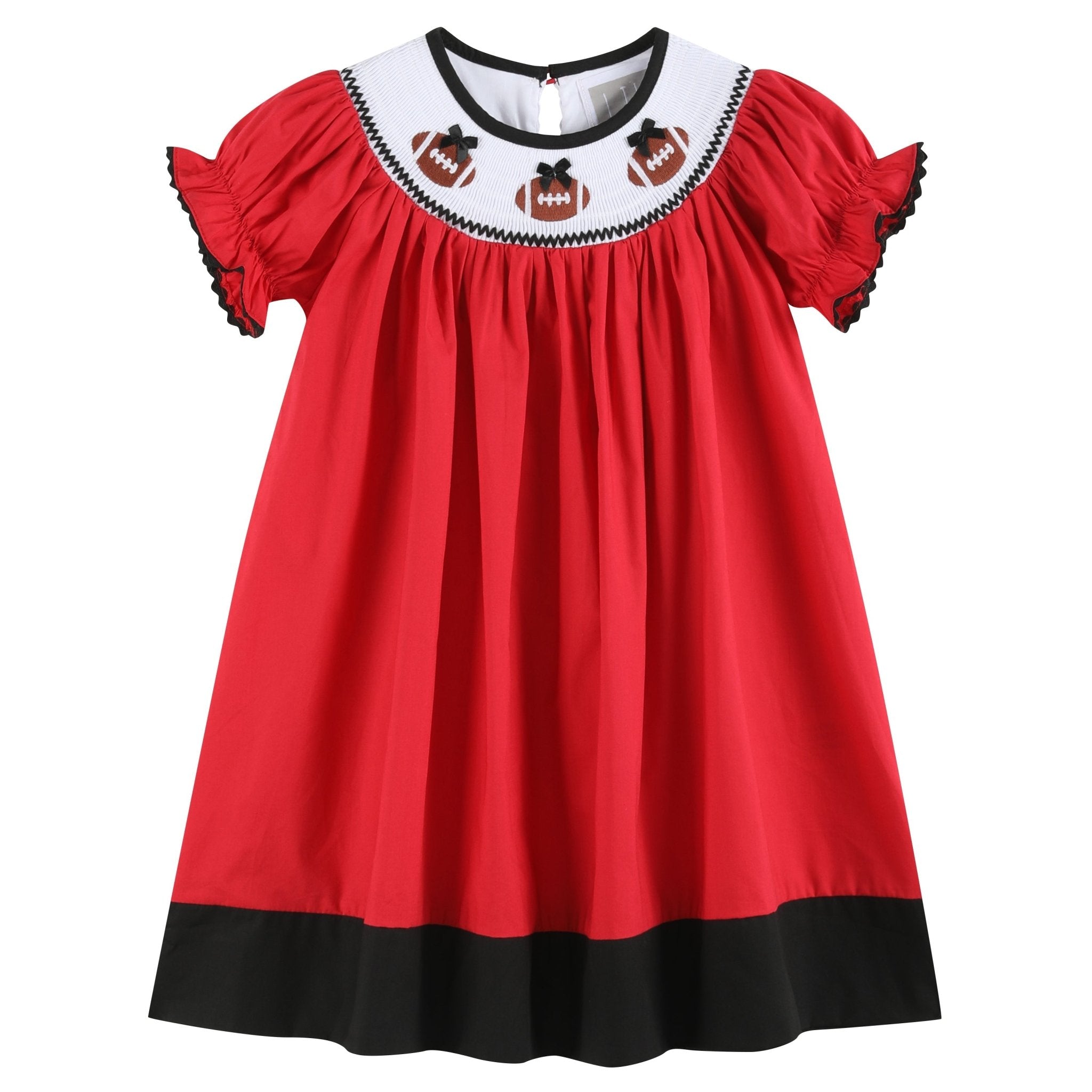 Red And Black Football Smocked Bishop Dress