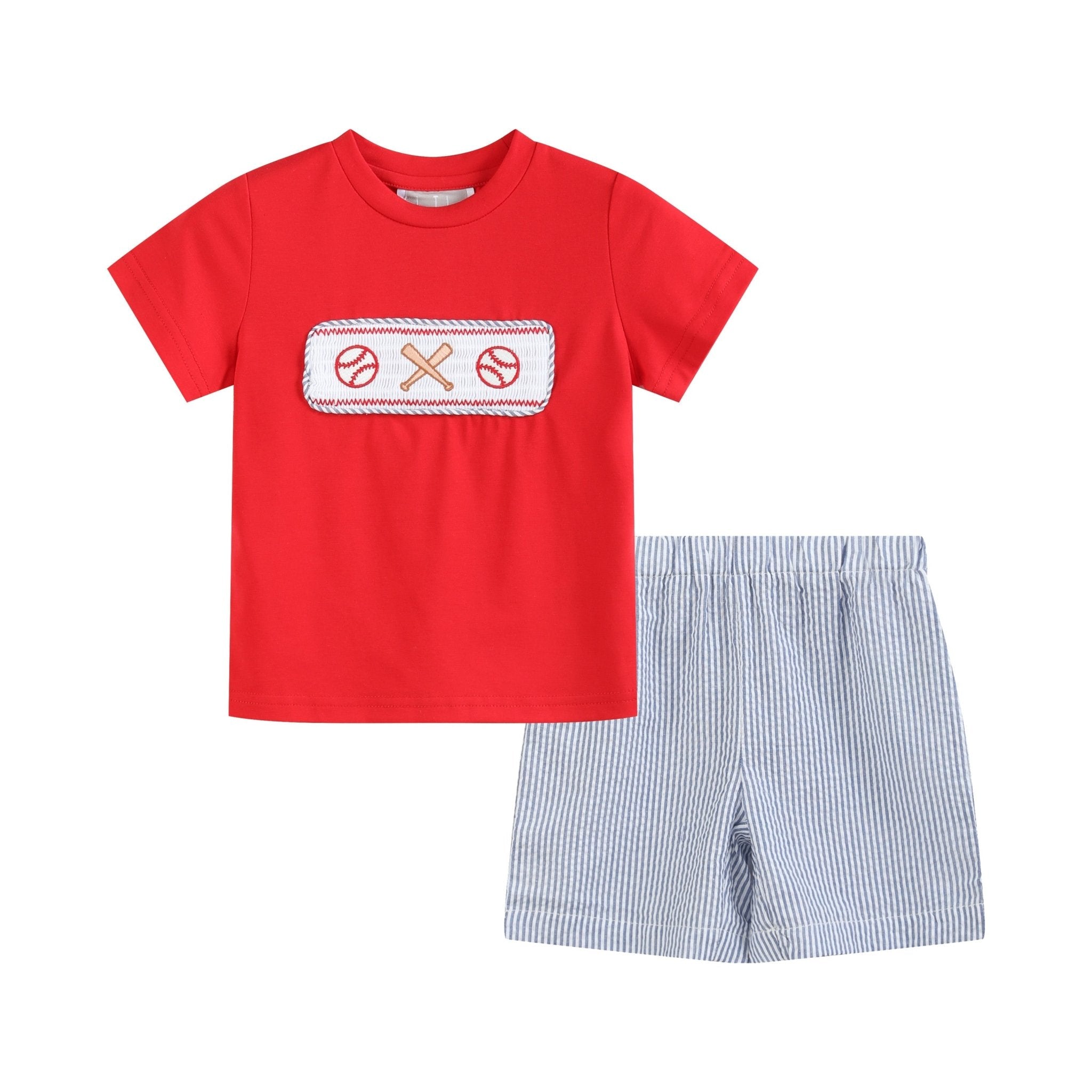 Red And Blue Baseball Smocked Shirt And Shorts Set