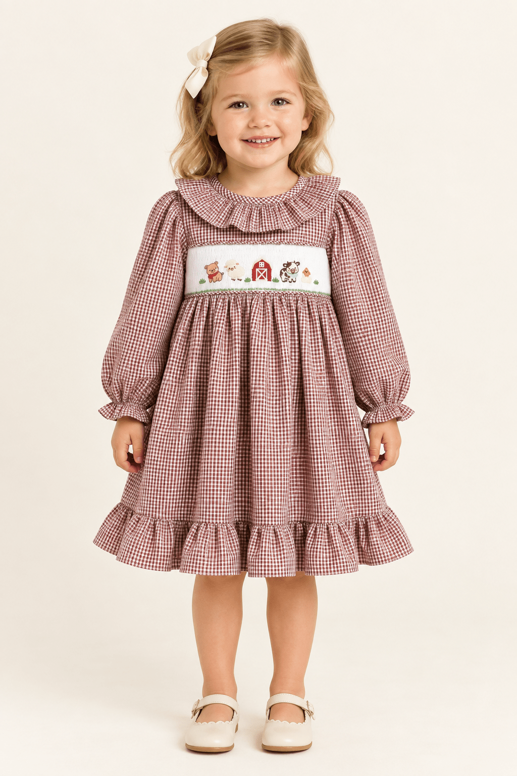 Red And Cream Gingham Farm Smocked Dress