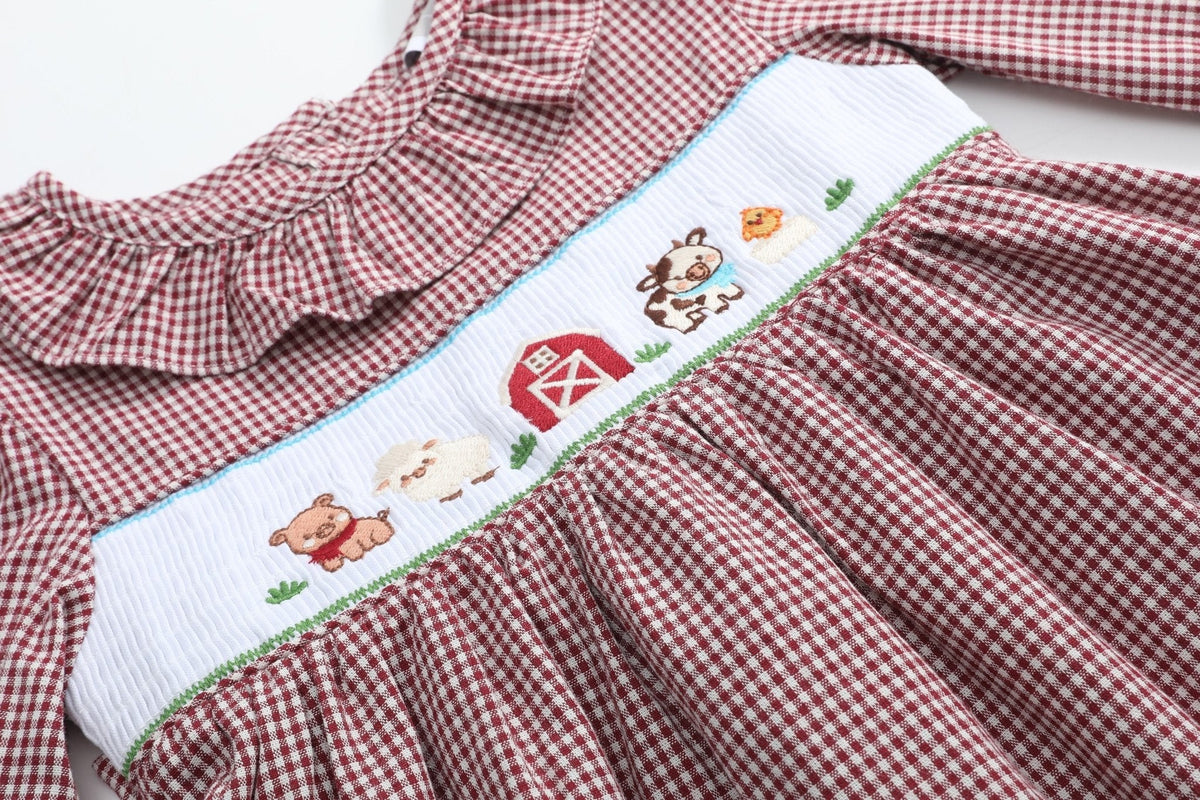 Red And Cream Gingham Farm Smocked Dress