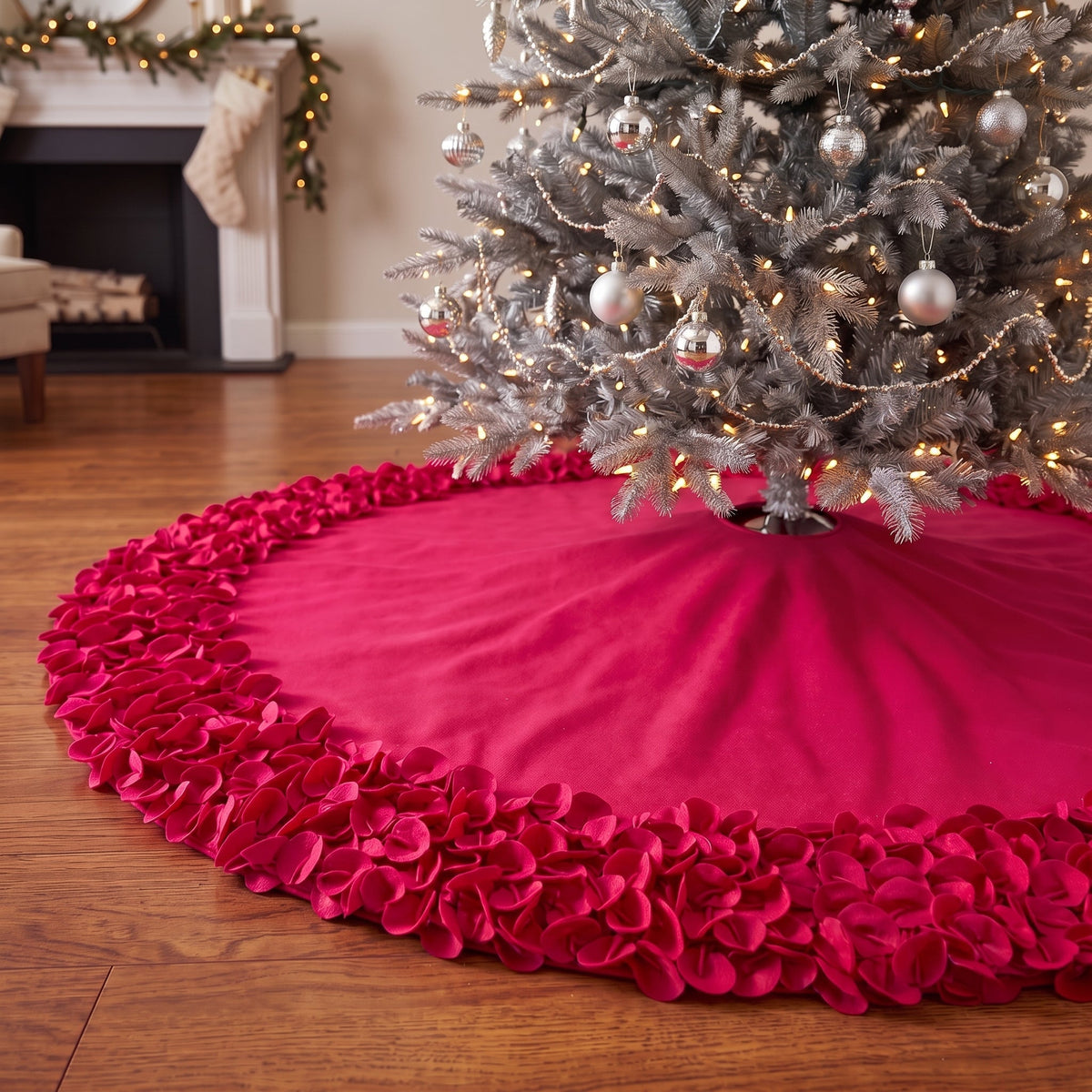 Red Calla Lily Flower Border Christmas Tree Skirt Wool - 60"