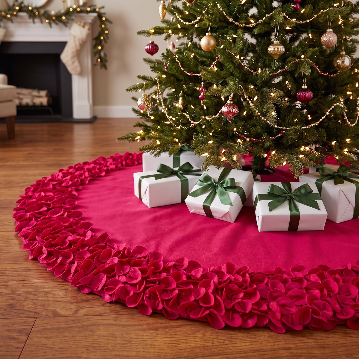 Red Calla Lily Flower Border Christmas Tree Skirt Wool - 60"