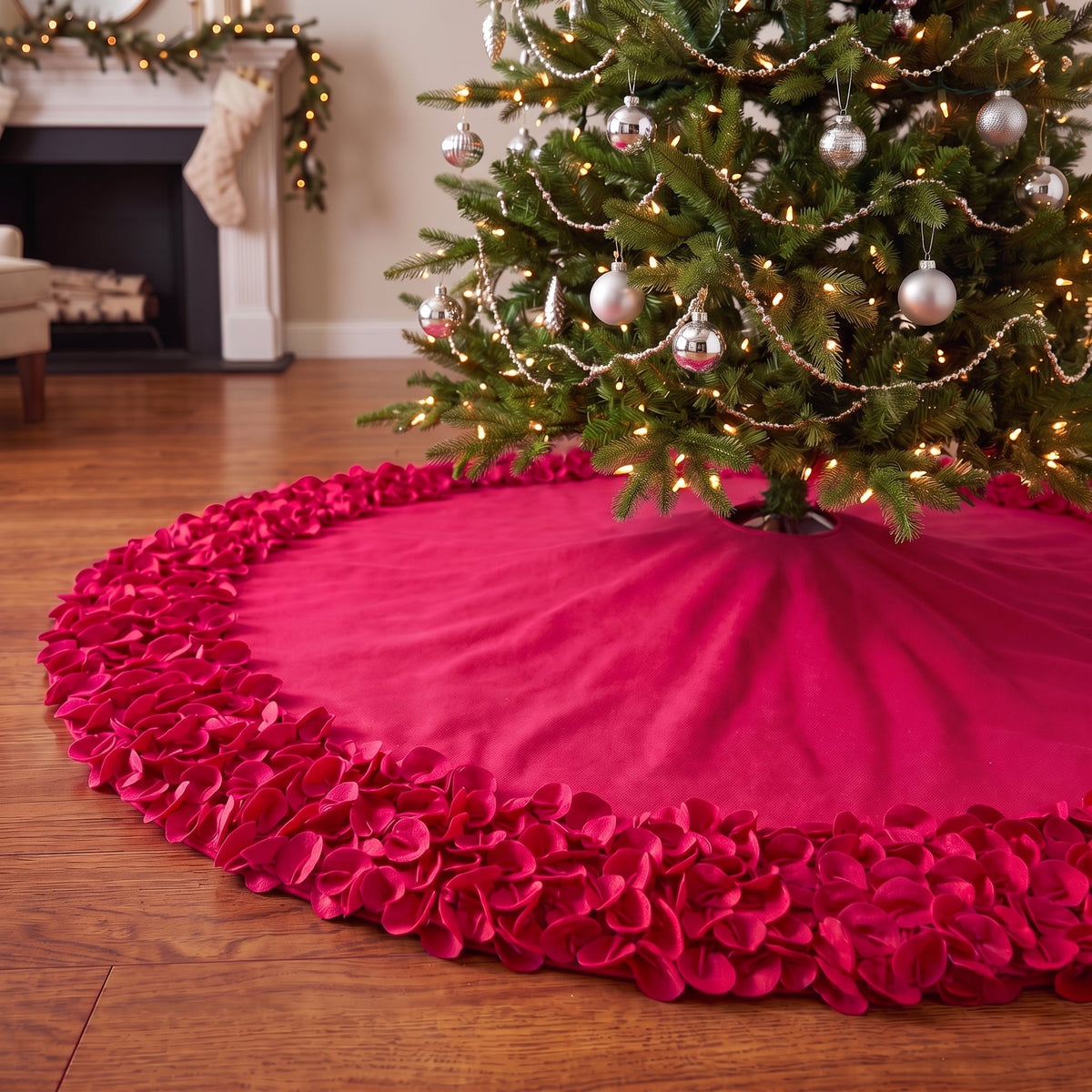 Red Calla Lily Flower Border Christmas Tree Skirt Wool - 60"