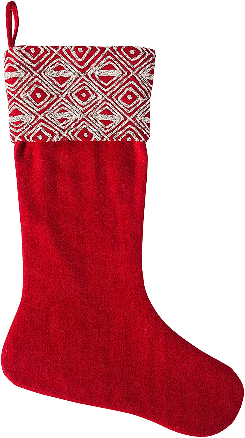 Red Christmas Stocking Geo Embroidered Cuff Wool