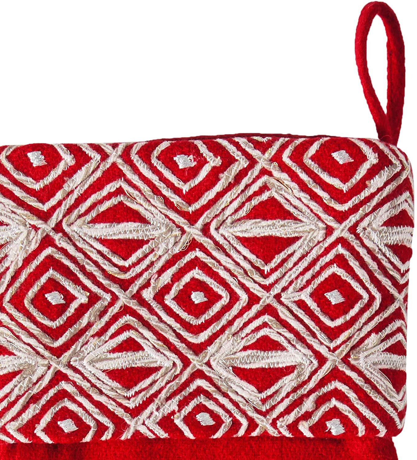 Red Christmas Stocking Geo Embroidered Cuff Wool