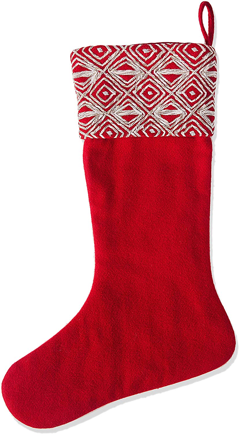 Red Christmas Stocking Geo Embroidered Cuff Wool