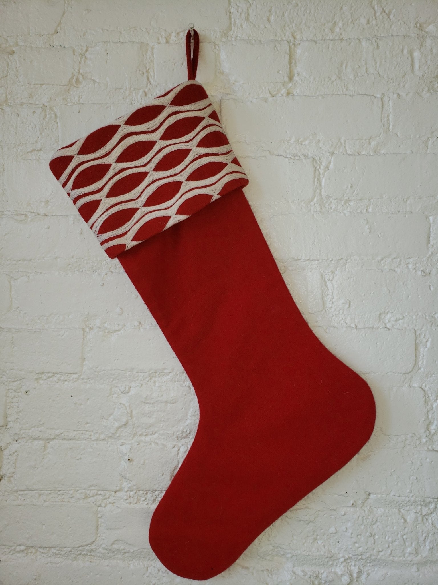 Red Christmas Stocking Oval Design Crewel Cuff Wool