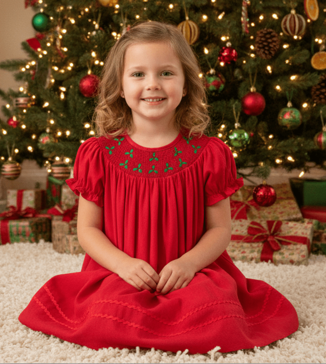 Red Corduroy Mistletoe Smocked Bishop Dress