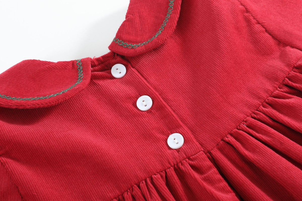Red Corduroy Ruffle Dress With Christmas Trees