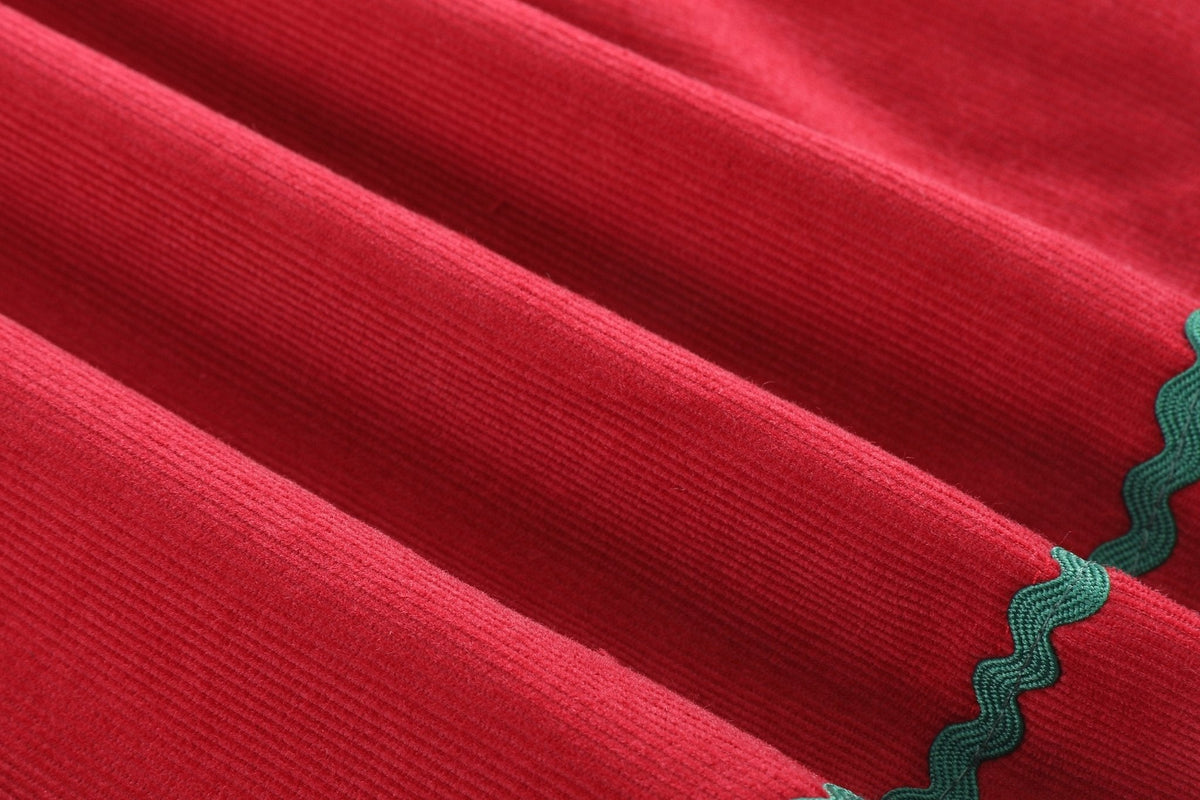 Red Corduroy Ruffle Dress With Christmas Trees