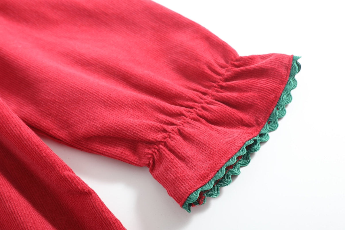 Red Corduroy Ruffle Dress With Christmas Trees