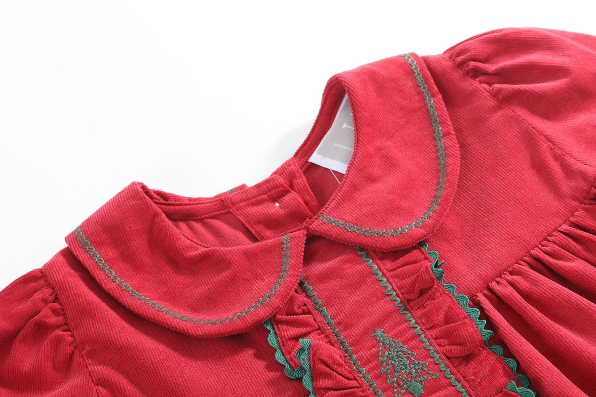 Red Corduroy Ruffle Dress With Christmas Trees