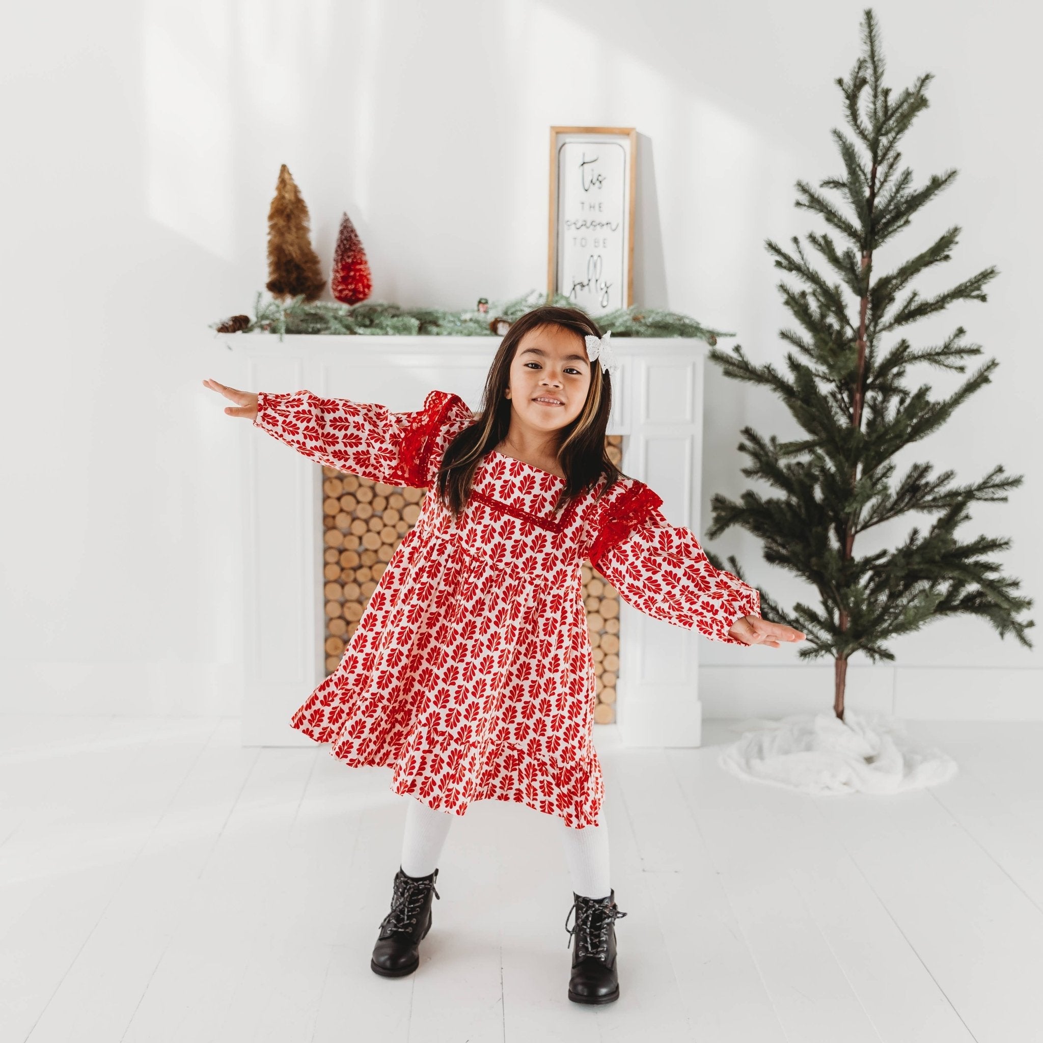 Red Floral Printed Dress With Lace Detail