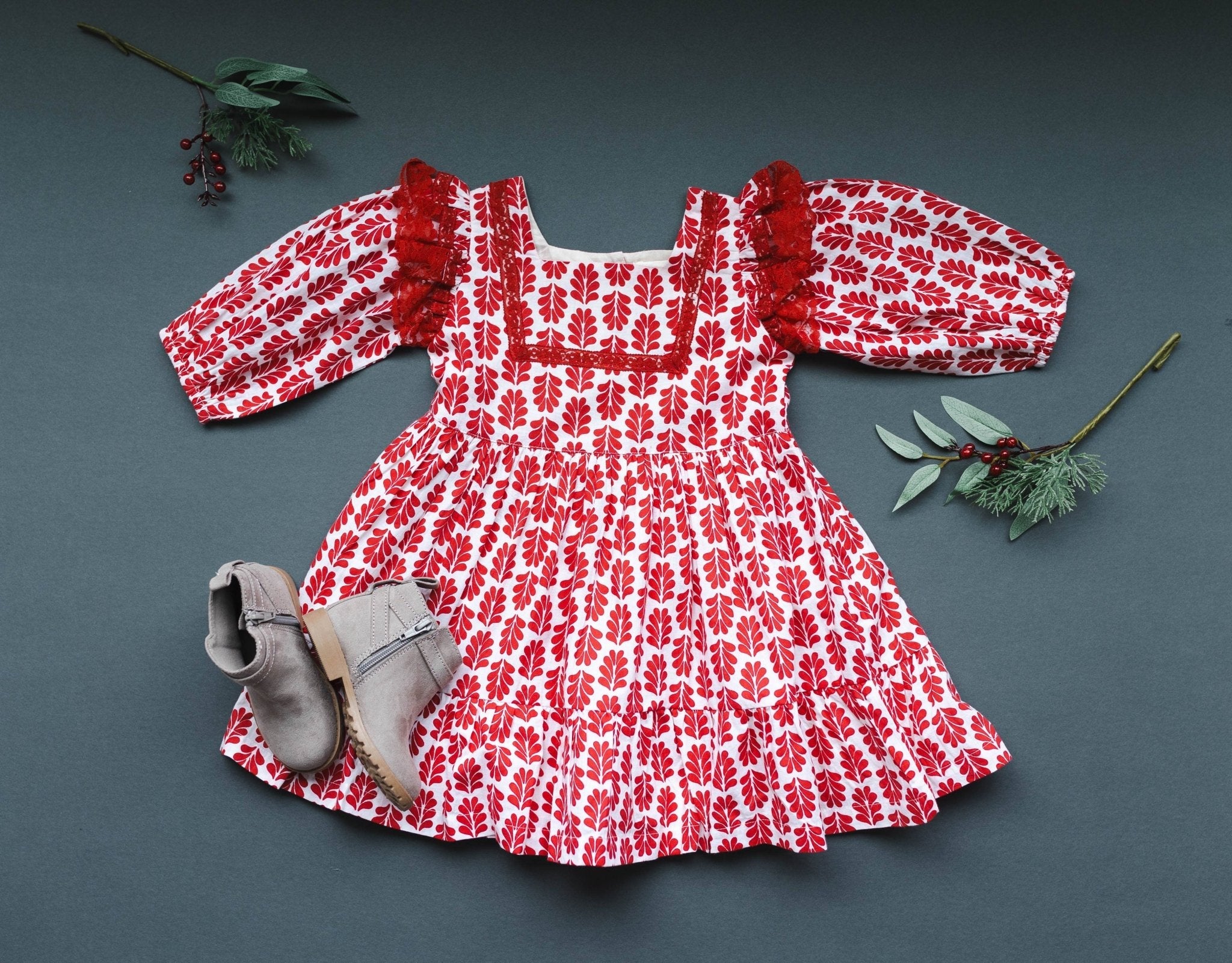 Red Floral Printed Dress With Lace Detail