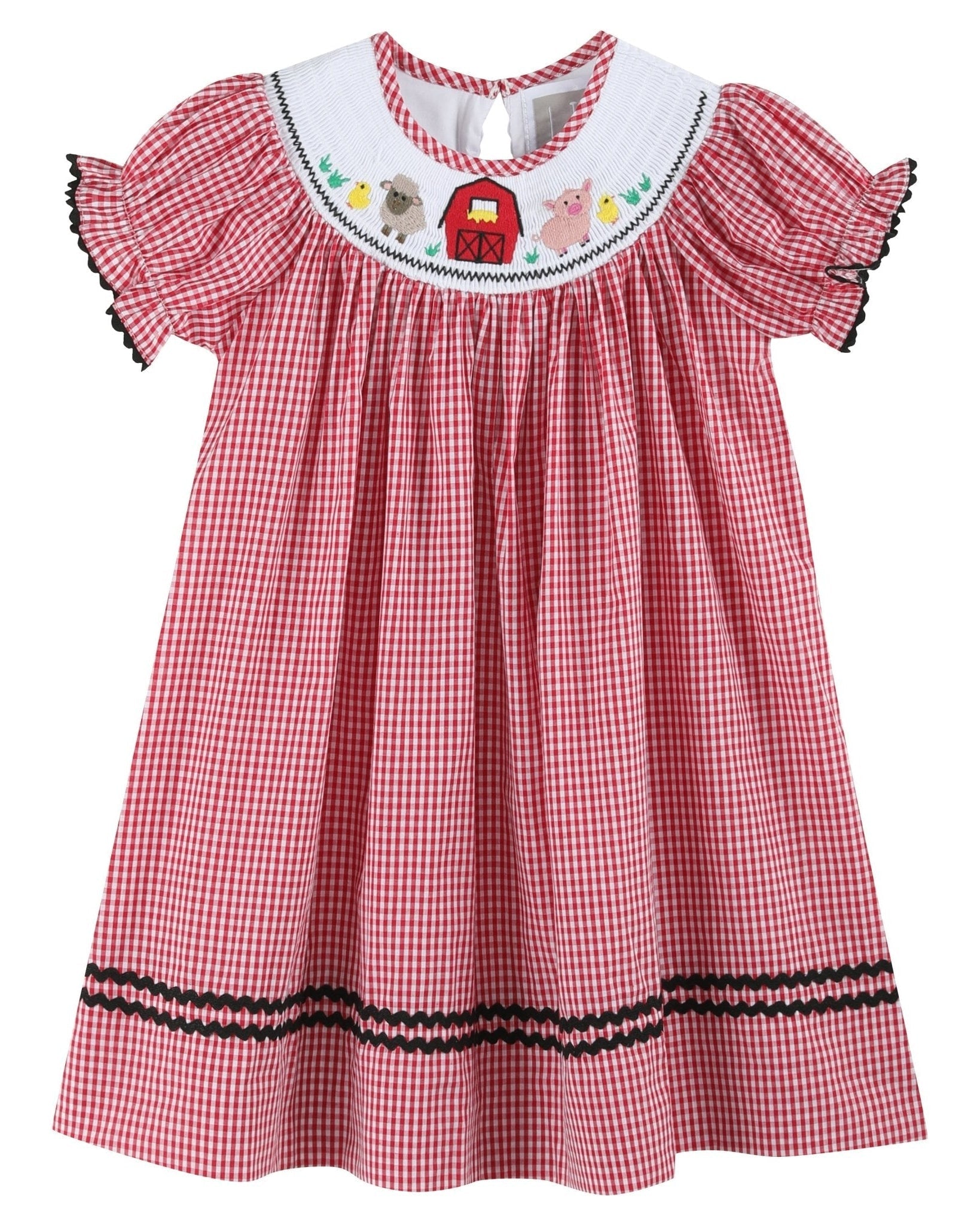 Red Gingham Barn Animals Smocked Bishop Dress