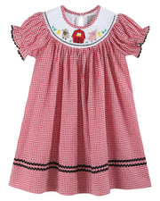 Red Gingham Barn Animals Smocked Bishop Dress