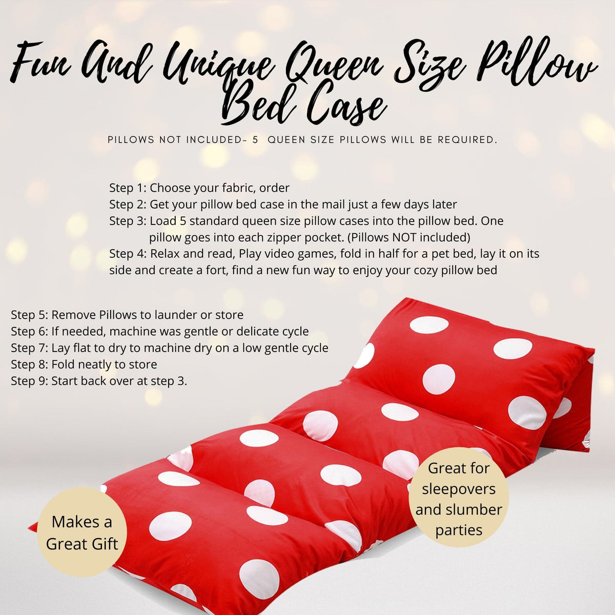 Red Polka Dot Pillow Bed Case, Caterpillar Floor Lounger