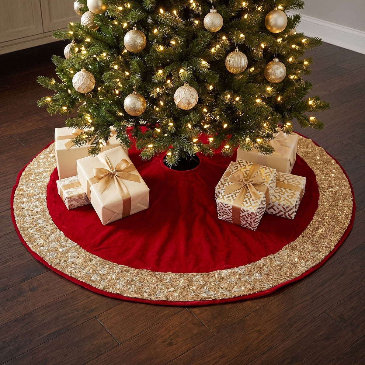 Red Velvet Christmas Tree Skirt Hand Beaded Gold Border - 60" / 72"