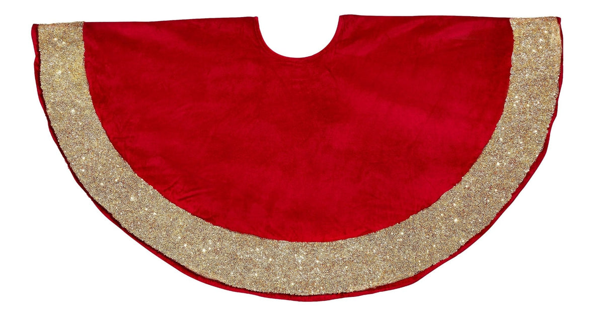 Red Velvet Christmas Tree Skirt Hand Beaded Gold Border - 60" / 72"