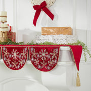 Red Velvet Mantel Scarf Hand Beading And Crewel Embroidery - 72"