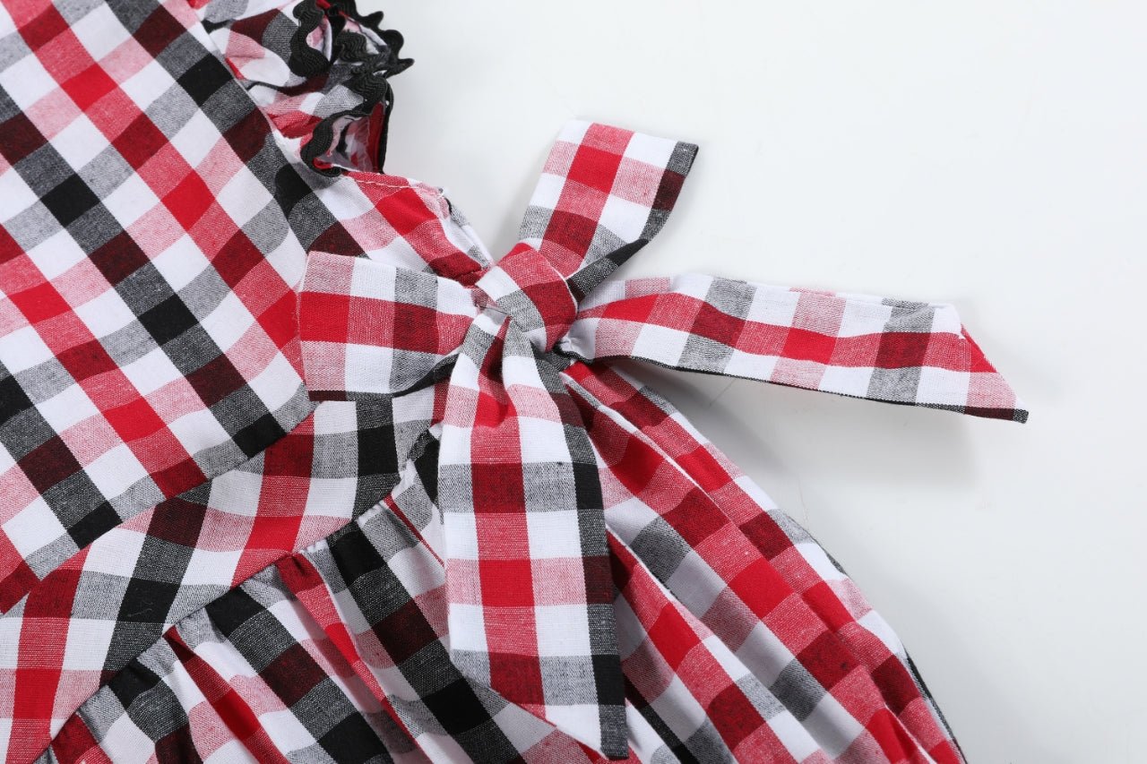 Red And Black Gingham Ruffle Bow Romper