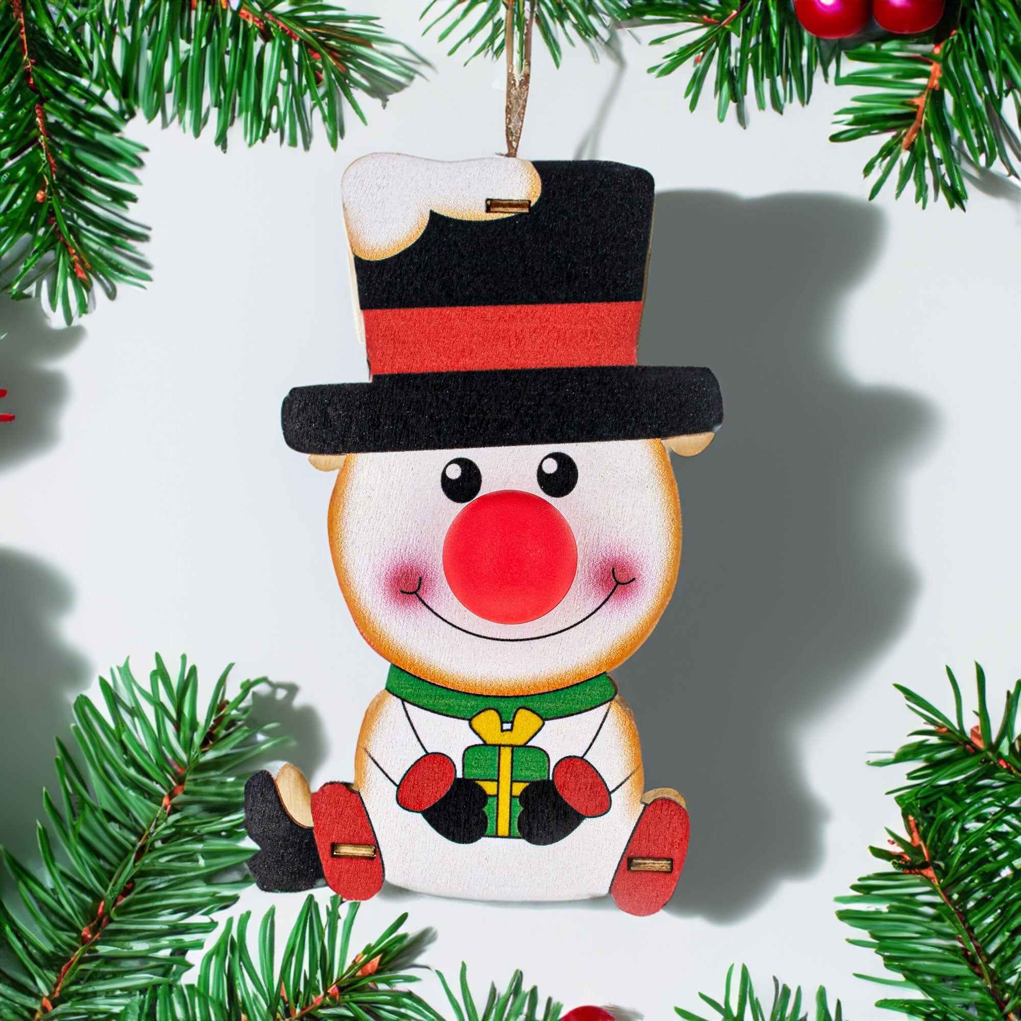 Wooden Snowman Christmas Ornament With Light Up Nose Cutout