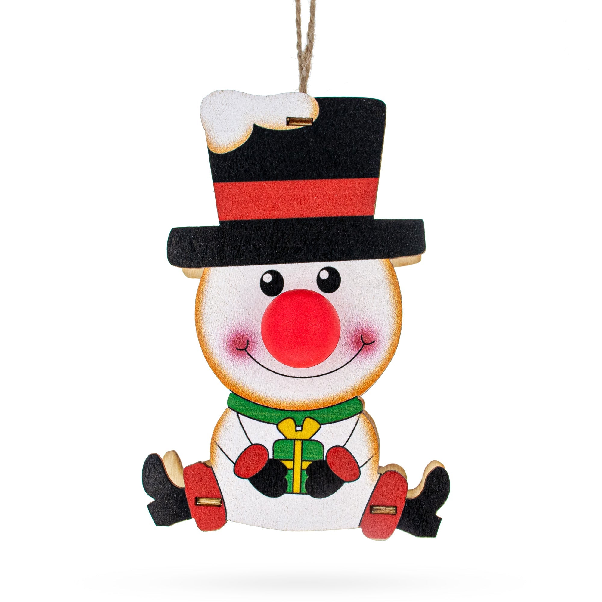 Wooden Snowman Christmas Ornament With Light Up Nose Cutout