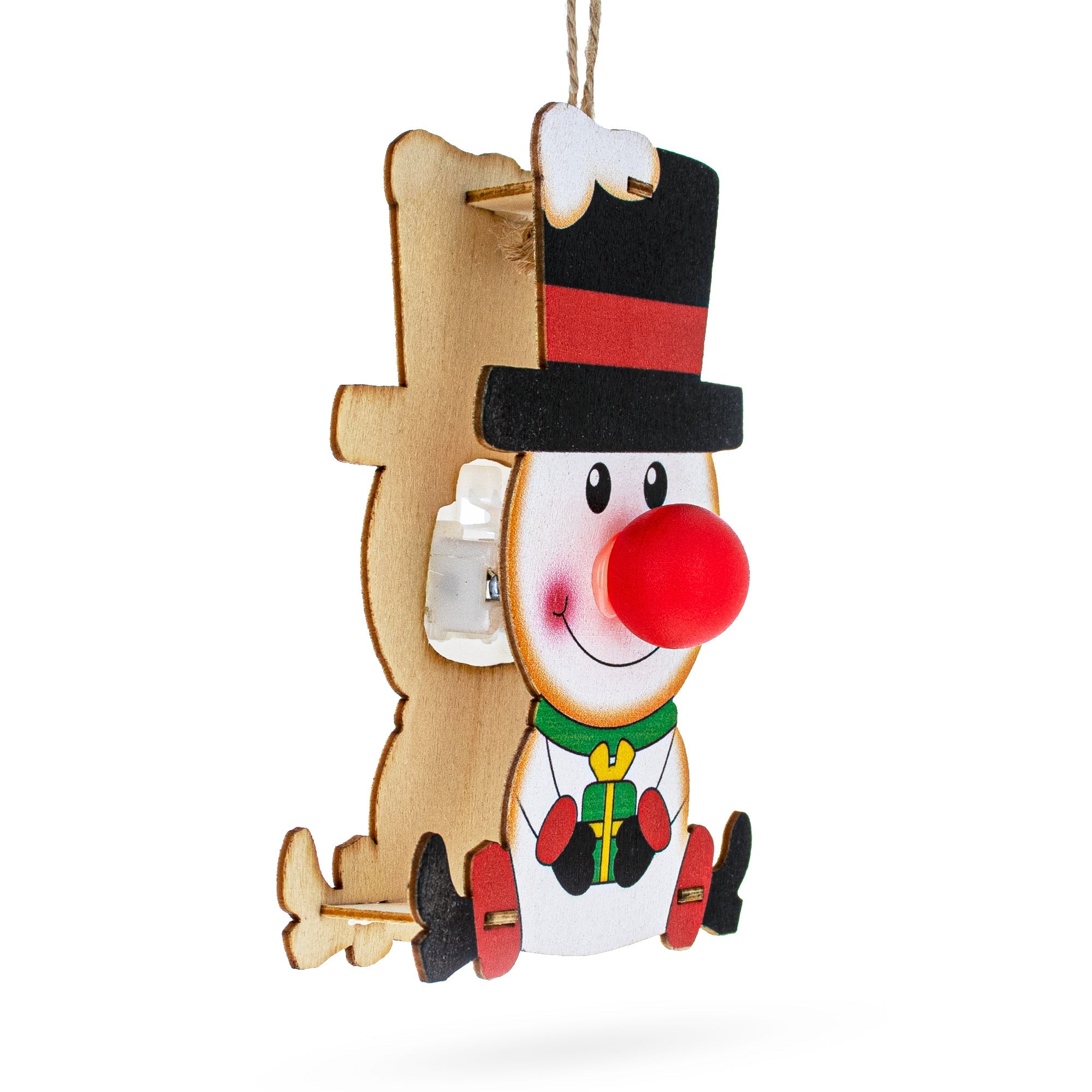 Wooden Snowman Christmas Ornament With Light Up Nose Cutout