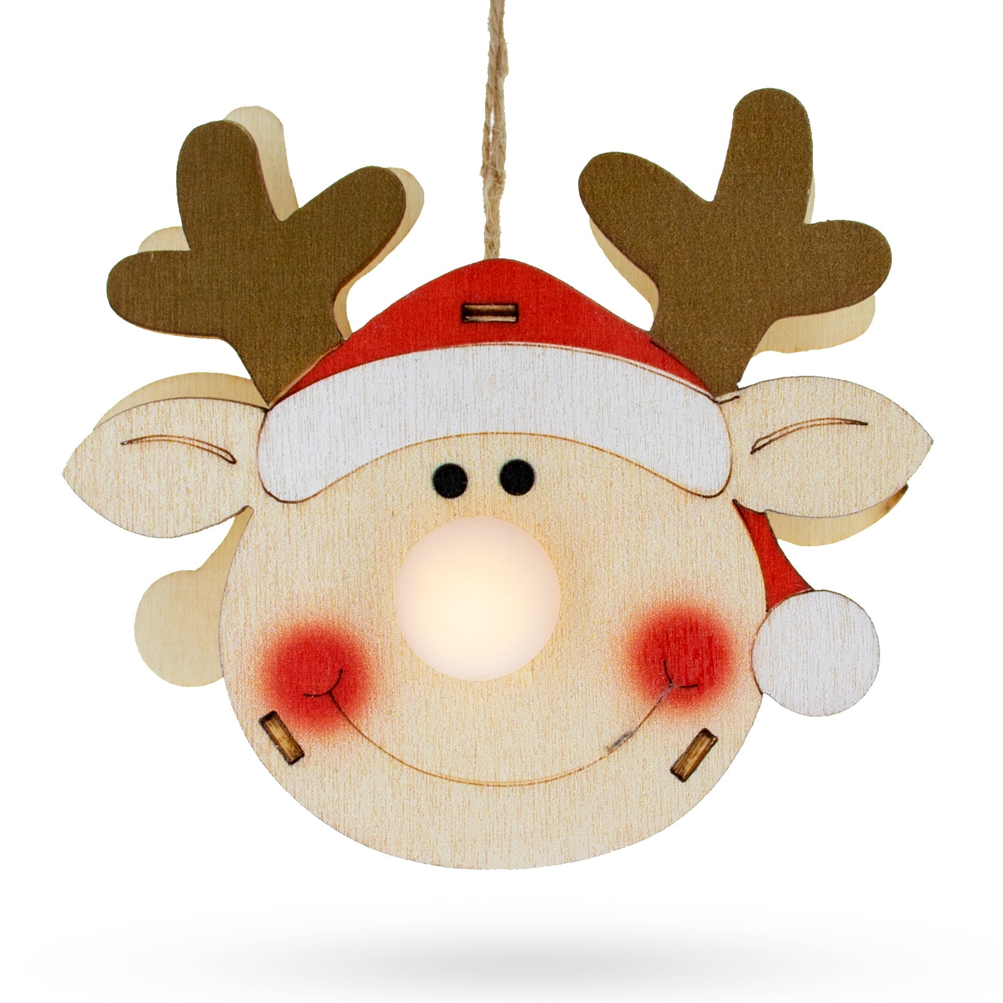 Wooden Reindeer Christmas Ornament With Light Up Nose Cutout