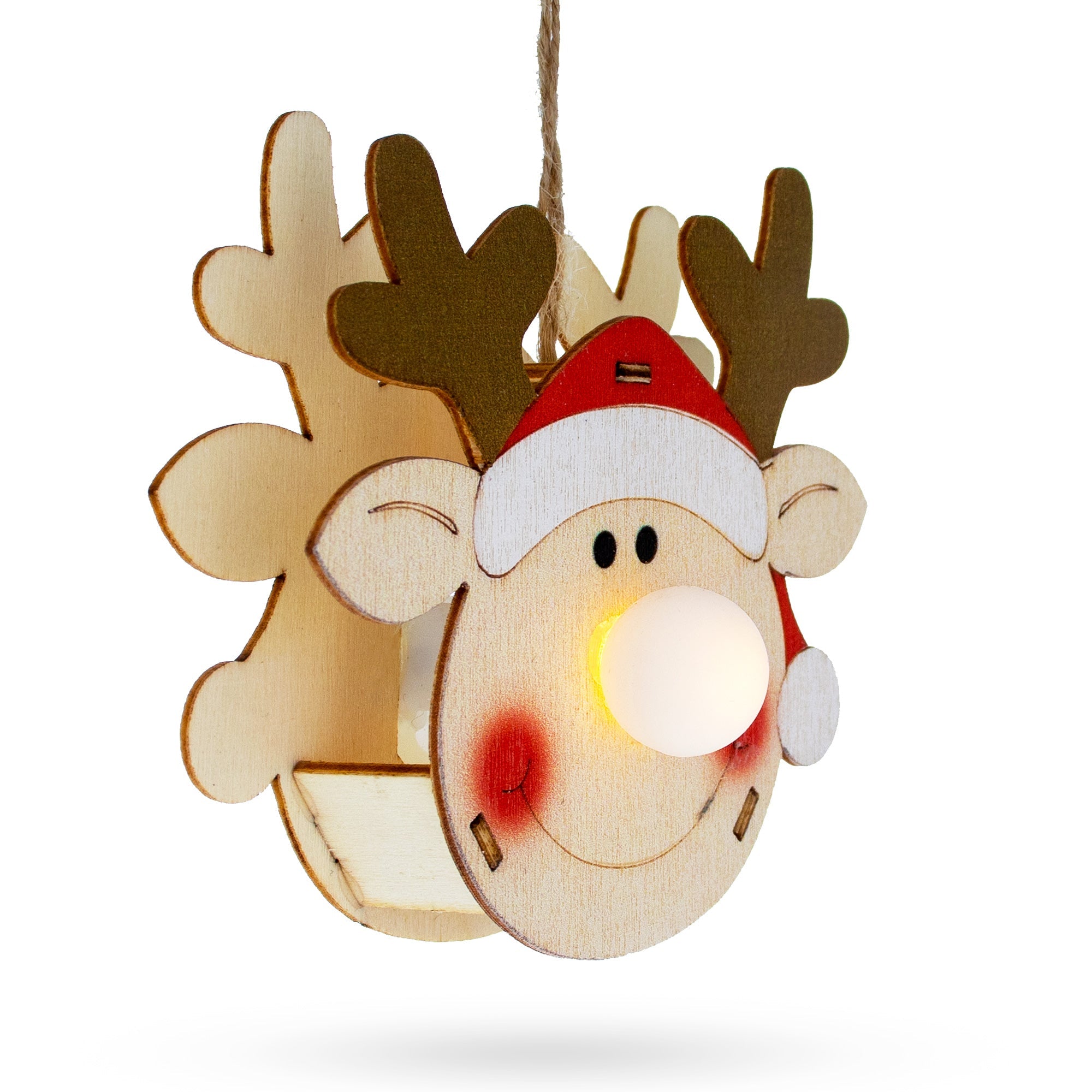 Wooden Reindeer Christmas Ornament With Light Up Nose Cutout