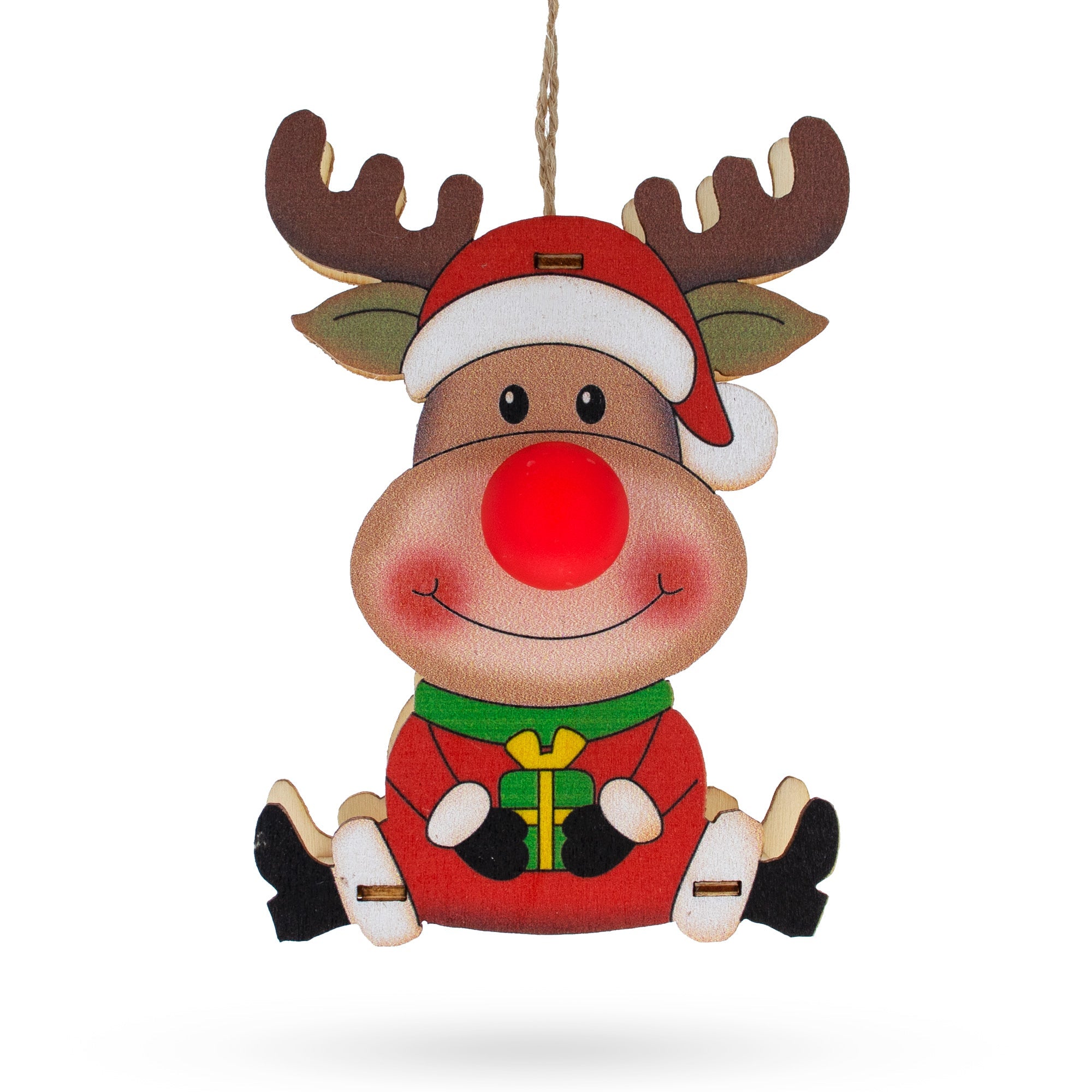 Wooden Reindeer With Present Christmas Ornament With Light Up Nose Cutout