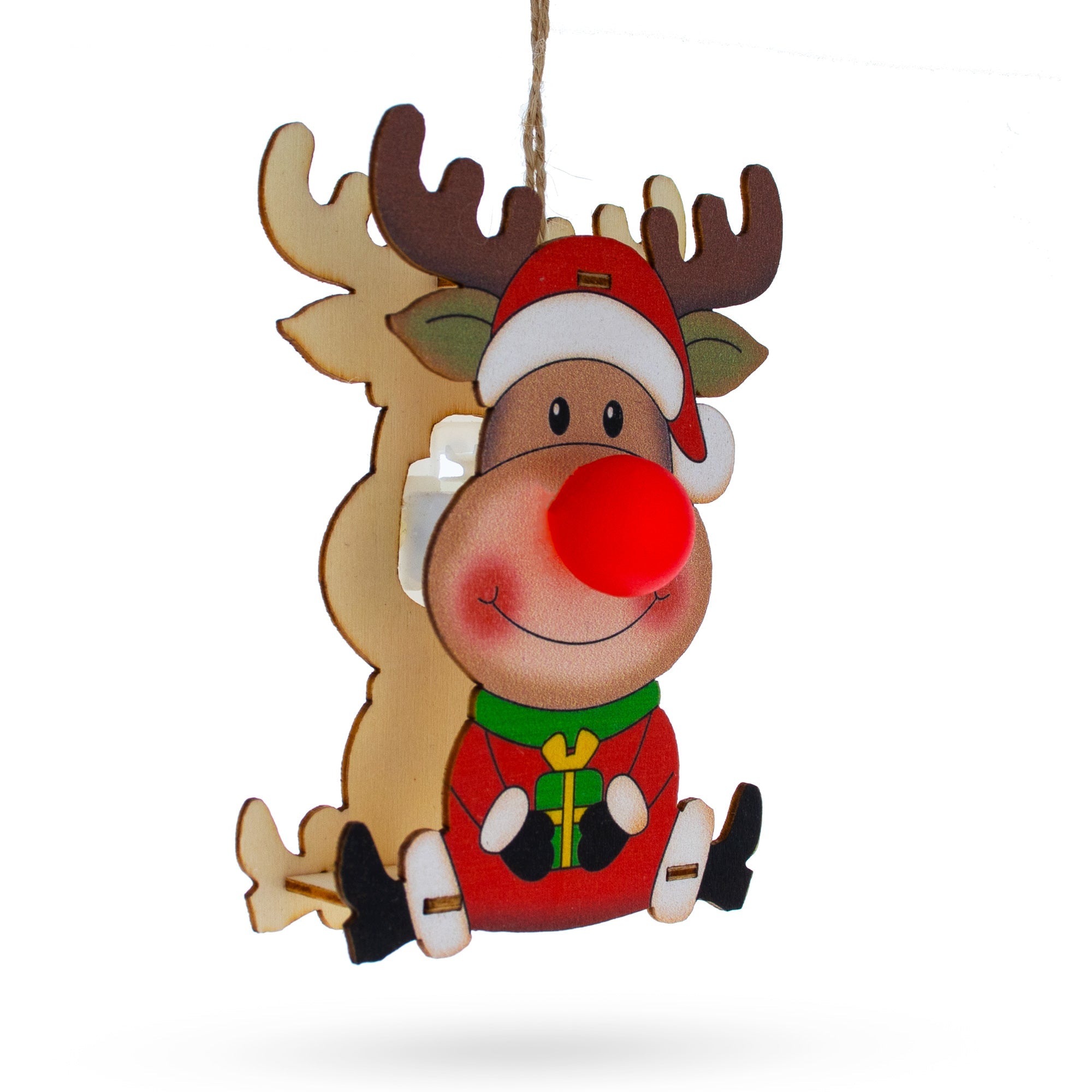 Wooden Reindeer With Present Christmas Ornament With Light Up Nose Cutout