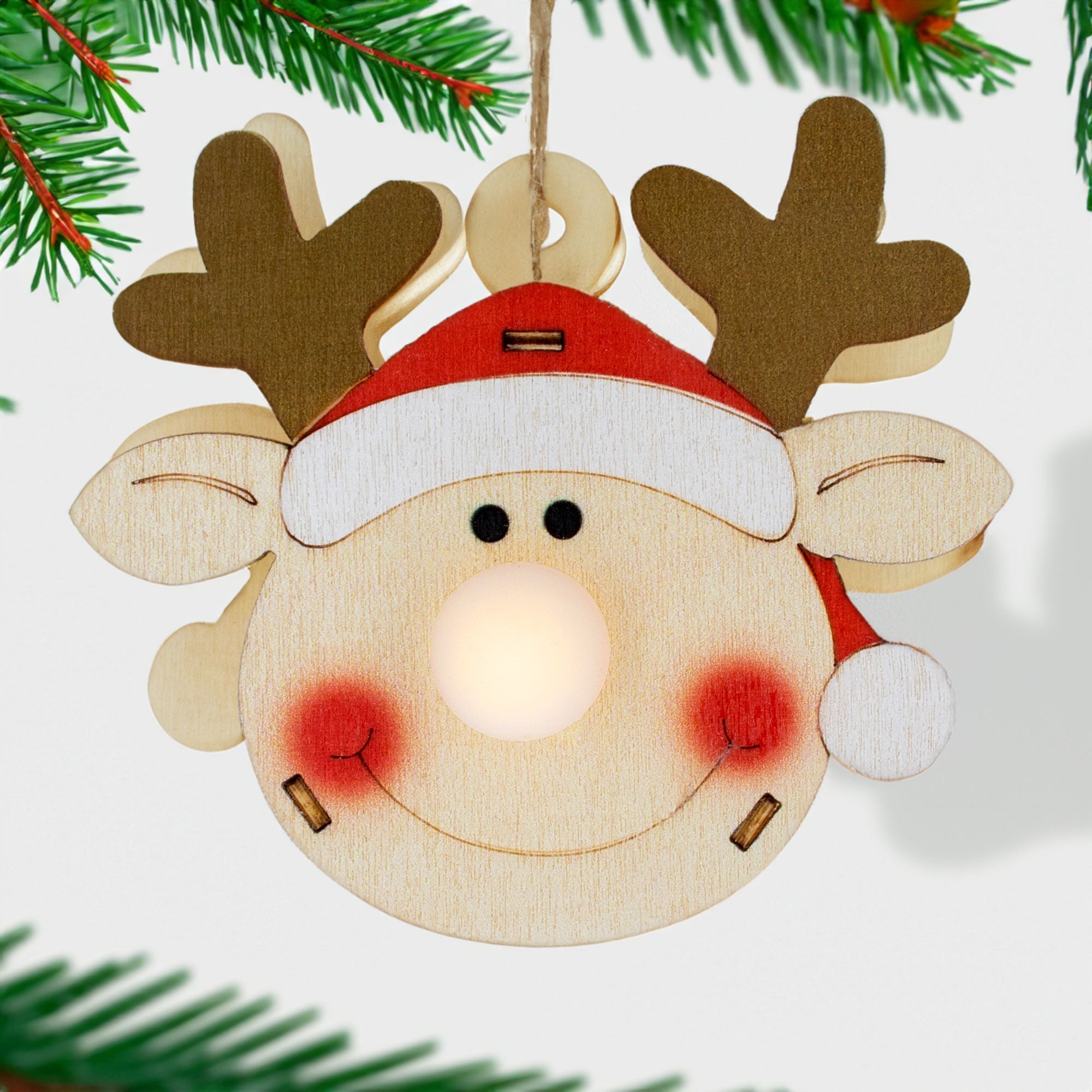 Wooden Reindeer Christmas Ornament With Light Up Nose Cutout