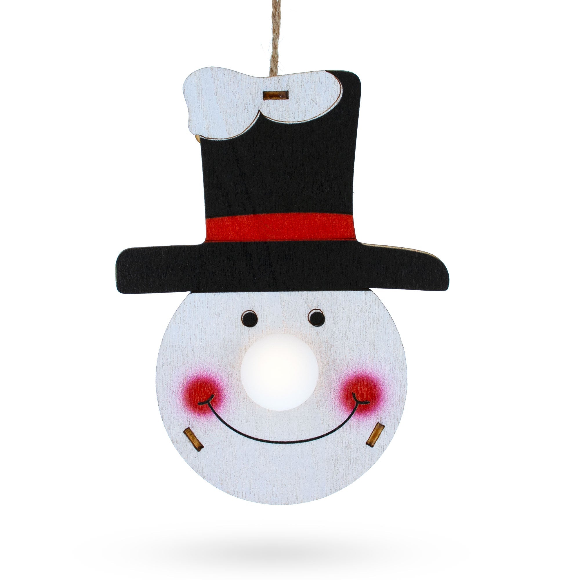 Wooden Snowman In Hat Christmas Ornament With Light Up Nose Cutout