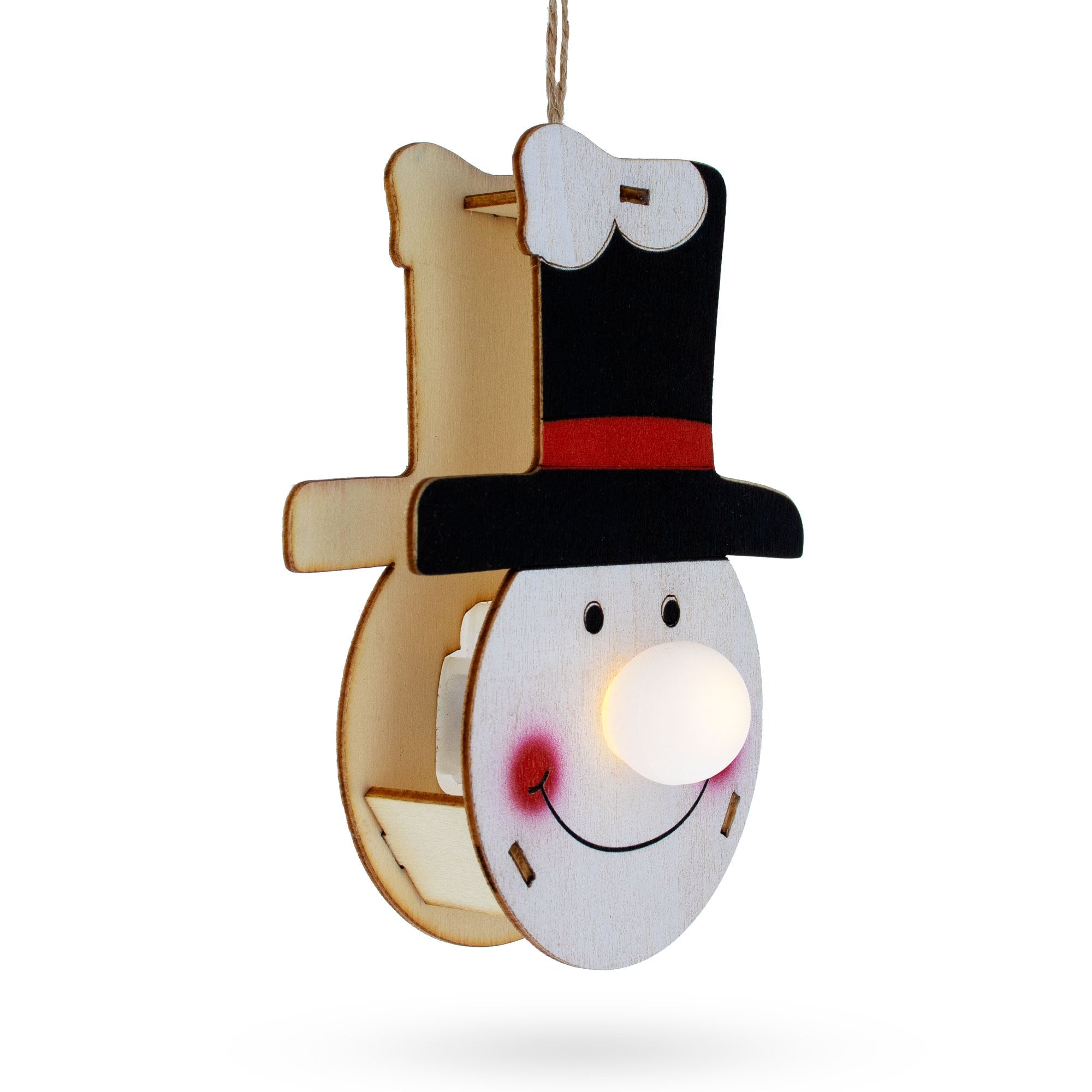 Wooden Snowman In Hat Christmas Ornament With Light Up Nose Cutout