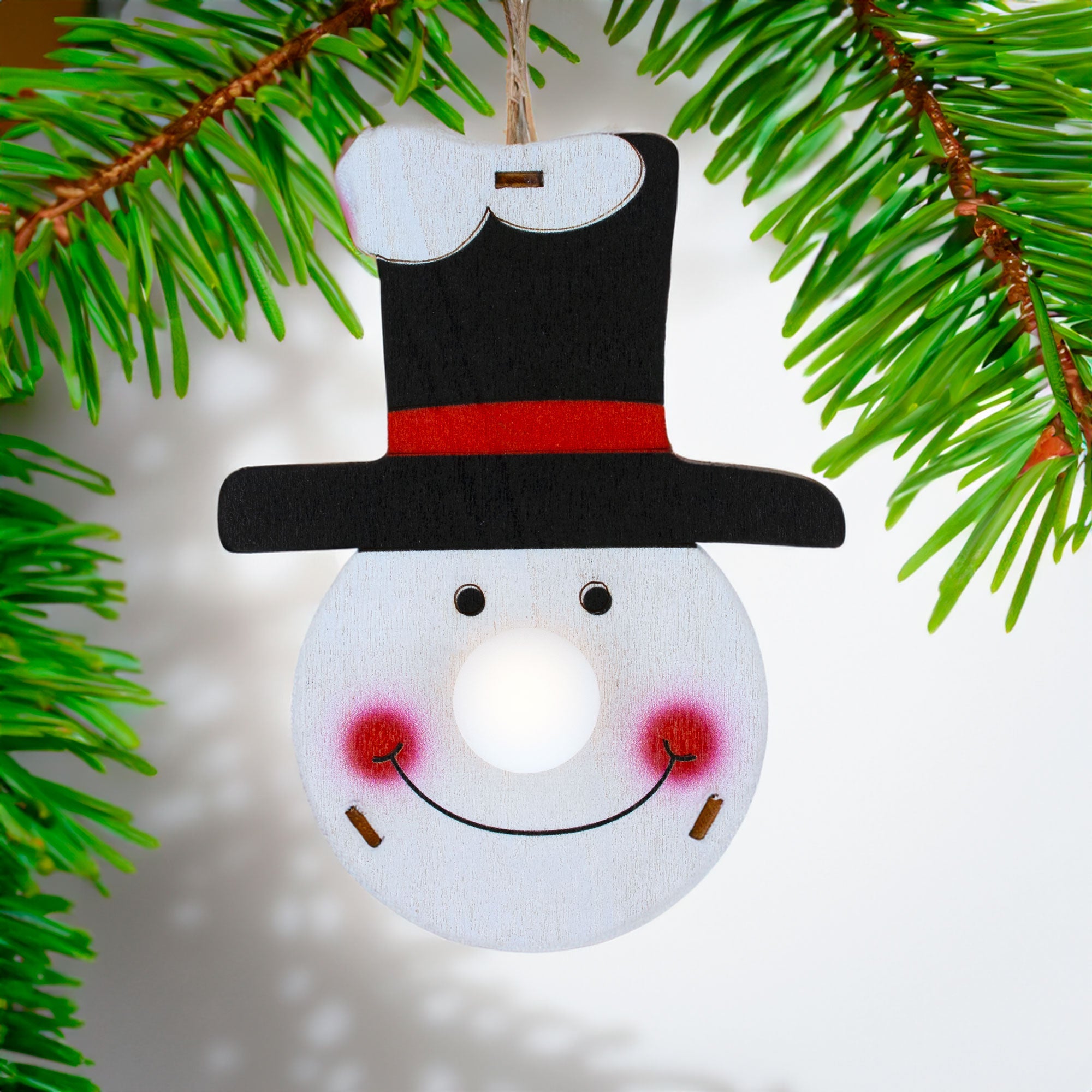 Wooden Snowman In Hat Christmas Ornament With Light Up Nose Cutout