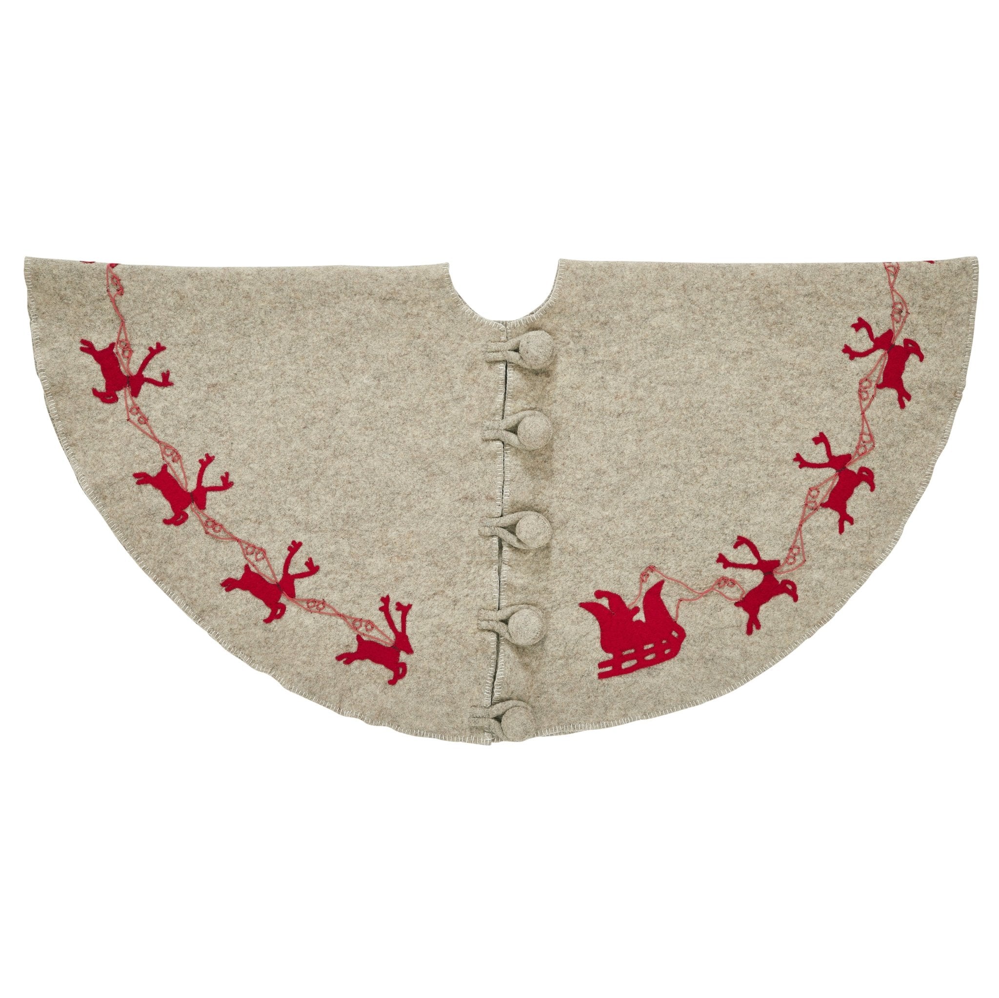 Reindeer Tree Skirt- Grey With Red Reindeer And Cream Whip Stitch-72"-