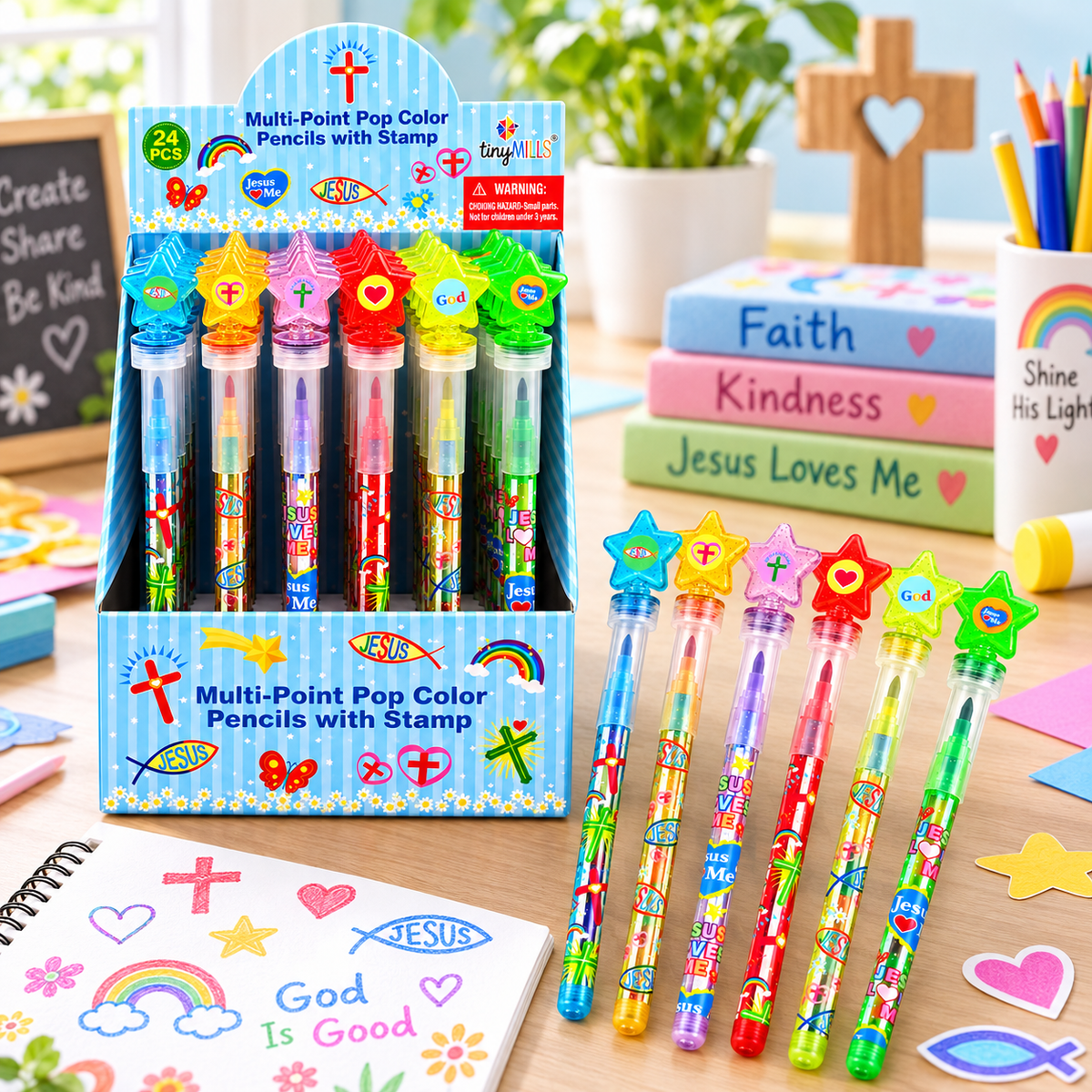 Religious Stackable Crayon With Stamper Topper