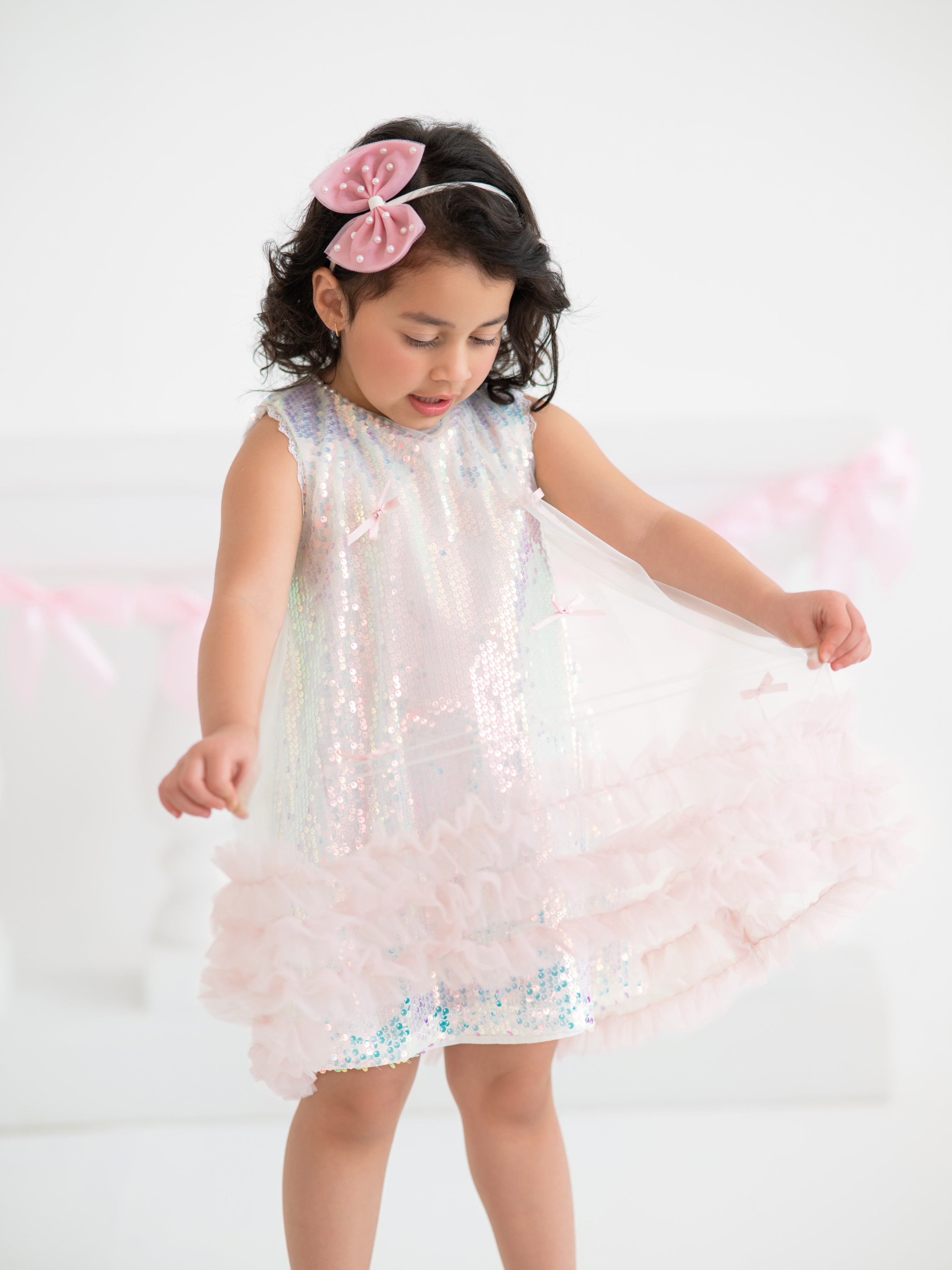 Iridescent Sequin Bow Ruffle Tulle Girls Dress