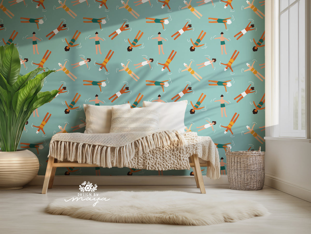 Retro Swimmers & Waves Wall Decor - House Wallpapers