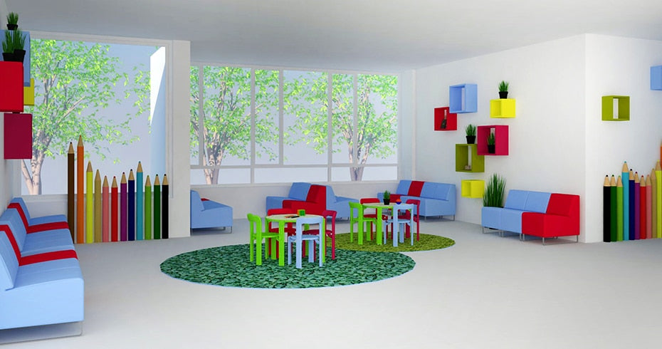 Rey Junior round tables and chairs set up in a bright children's playroom