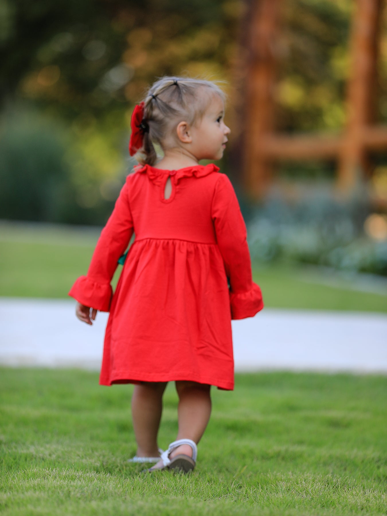 Christmas Smocked Dress With Green Bow And Tree Embroidery