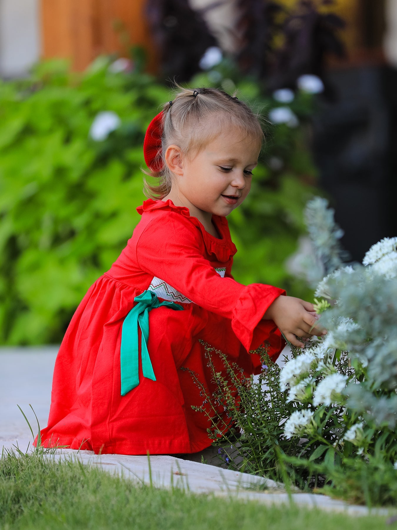 Christmas Smocked Dress With Green Bow And Tree Embroidery