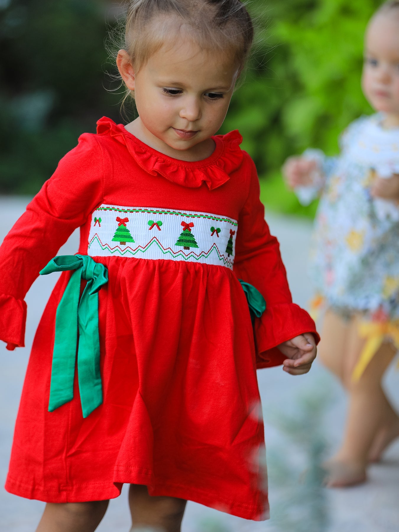 Christmas Smocked Dress With Green Bow And Tree Embroidery