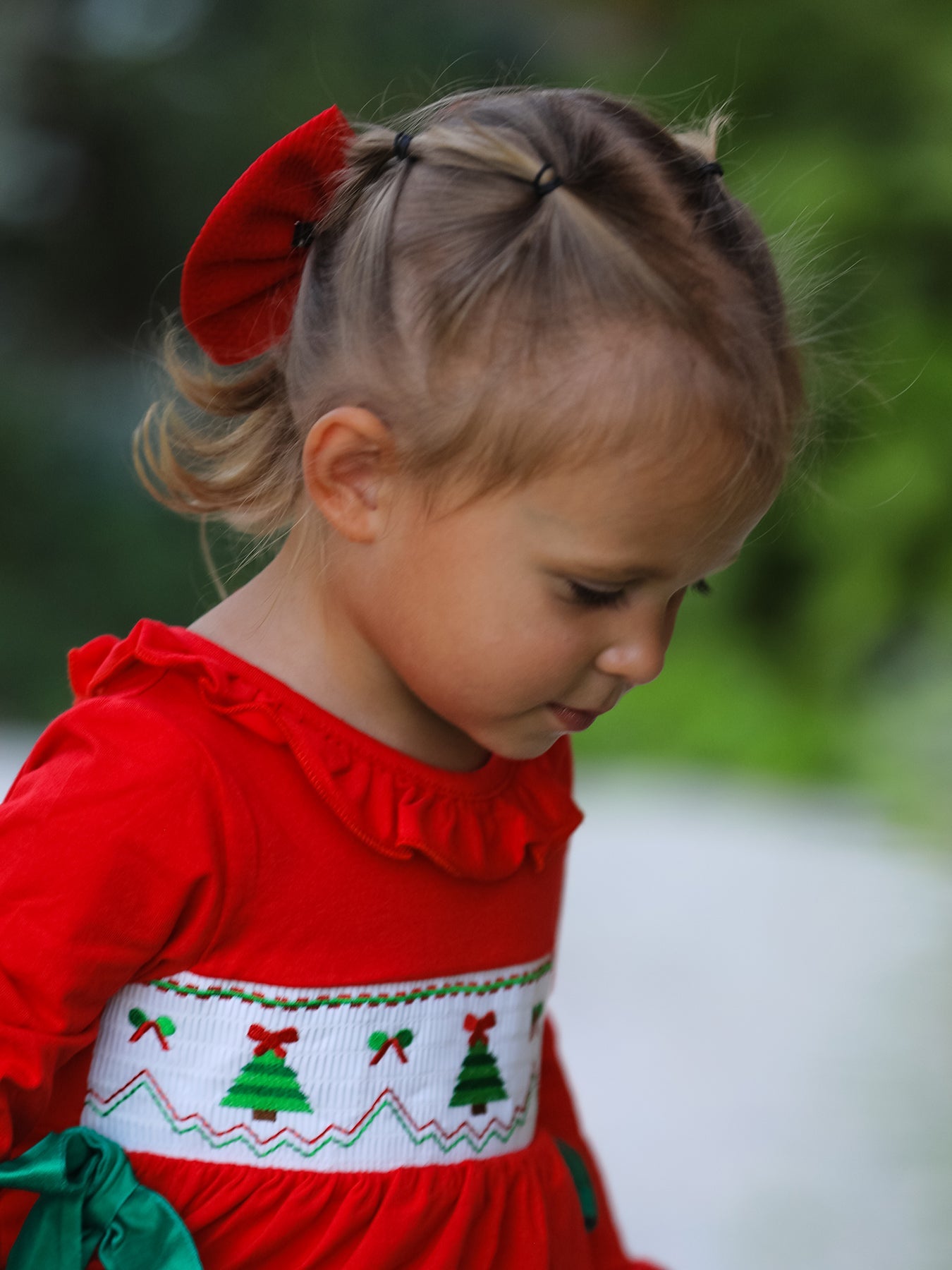 Christmas Smocked Dress With Green Bow And Tree Embroidery
