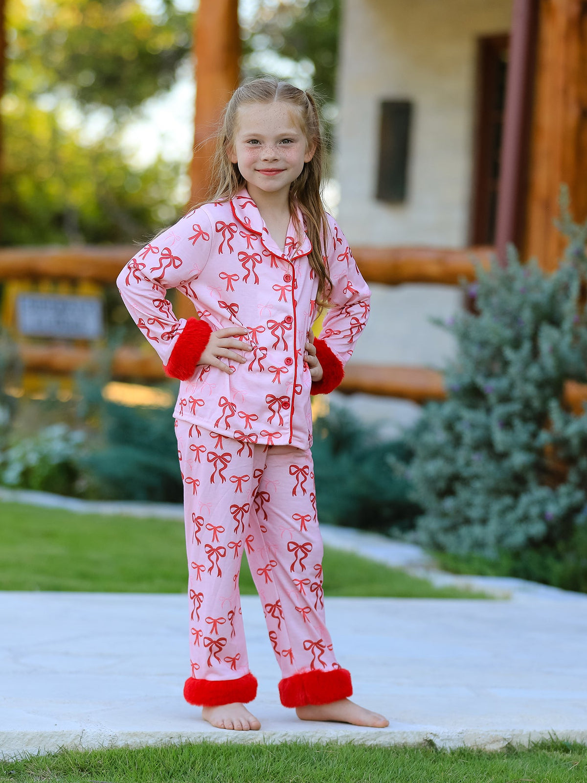 Bow Girls Pajama Set With Furry Trim