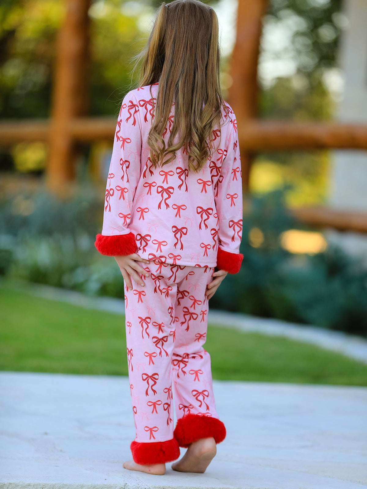 Bow Girls Pajama Set With Furry Trim