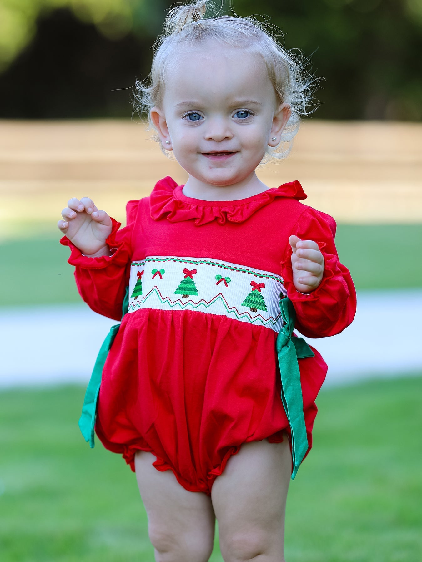 Christmas Smocked Girls Romper With Green Bow And Tree Embroidery
