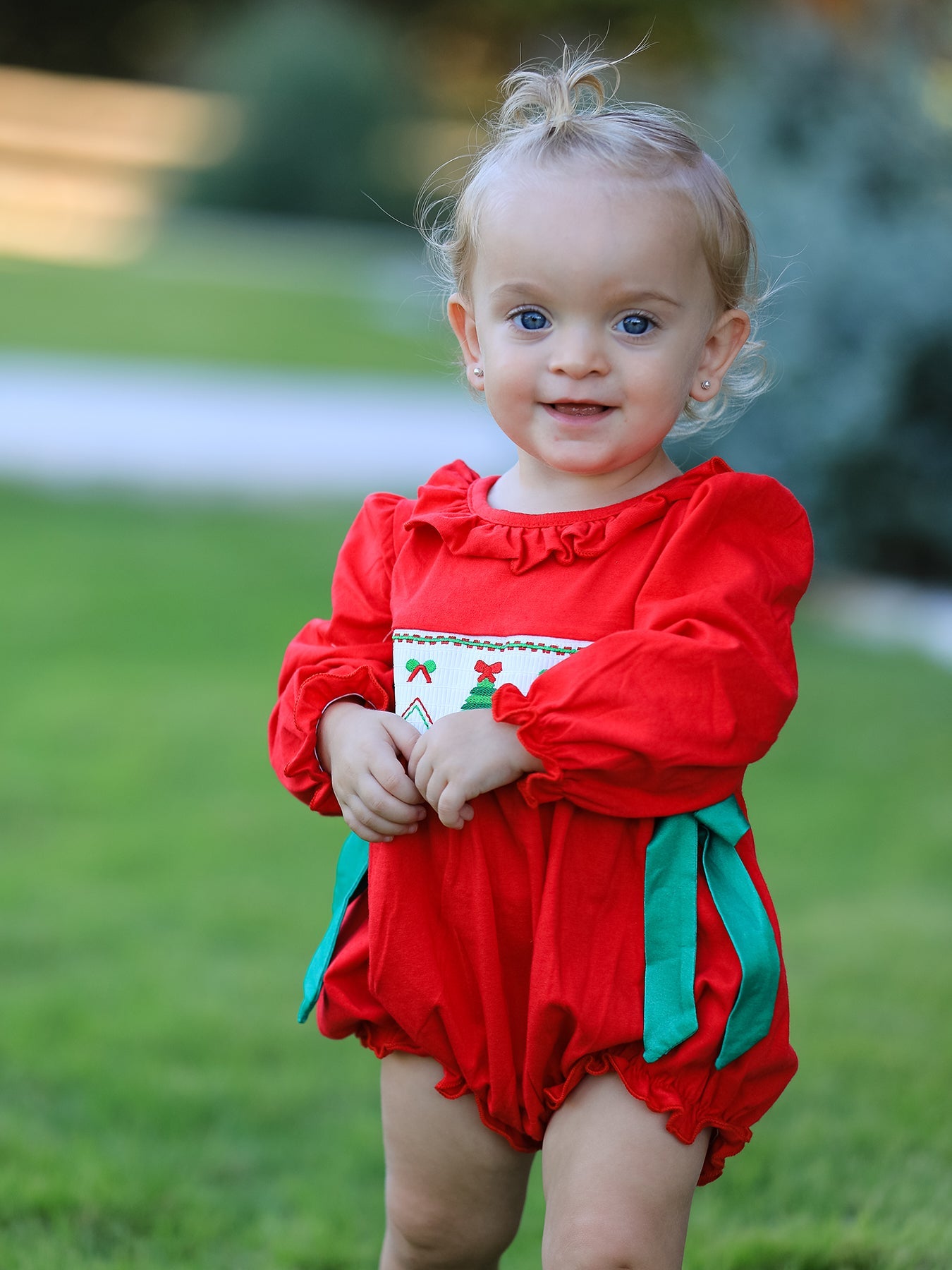 Christmas Smocked Girls Romper With Green Bow And Tree Embroidery