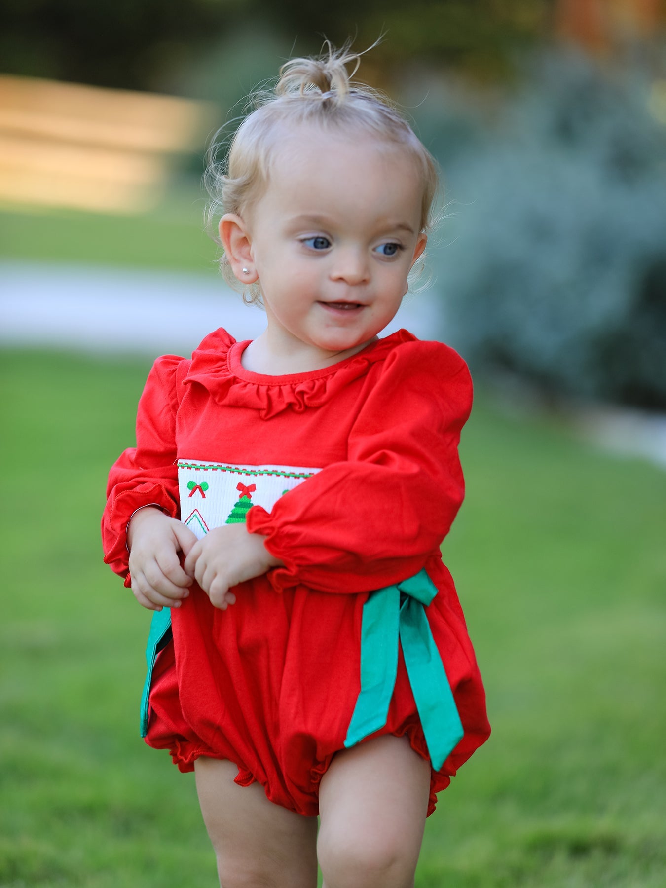 Christmas Smocked Girls Romper With Green Bow And Tree Embroidery